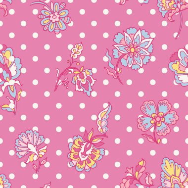 Pembe arka planda, beyaz benekli, kusursuz çiçek deseni. Pastel çiçekler ve yapraklar, tekstil ve kırtasiye için mükemmel. Vektör illüstrasyonu.