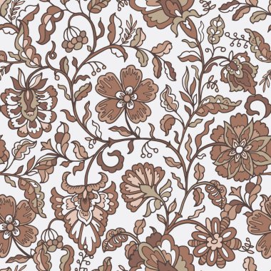 Karmaşık kahverengi çiçekleri ve beyaz arka planda yaprakları olan son derece detaylı, dikişsiz çiçek desenleri. Zarif vintage biçimi, vektör illüstrasyonu.
