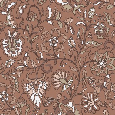 Detaylı kahverengi çiçekleri ve zengin kahverengi arka planda yaprakları olan kusursuz bir duvar kağıdı tasarımı. Klasik vintage biçimi, vektör illüstrasyonu.