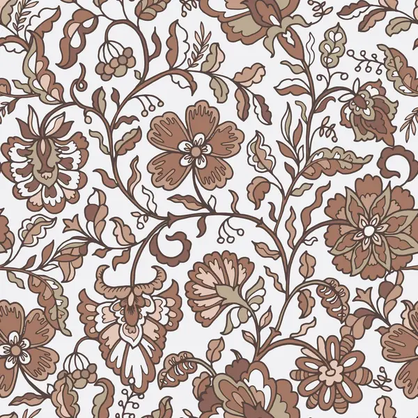 Karmaşık kahverengi çiçekleri ve beyaz arka planda yaprakları olan son derece detaylı, dikişsiz çiçek desenleri. Zarif vintage biçimi, vektör illüstrasyonu.