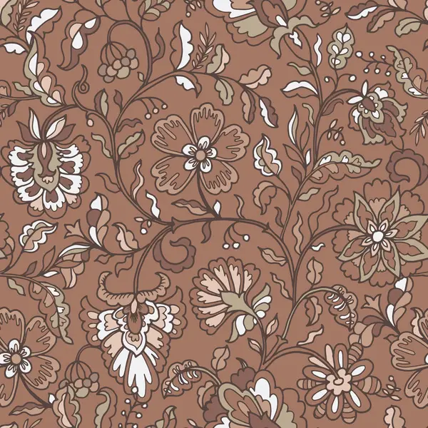 Detaylı kahverengi çiçekleri ve zengin kahverengi arka planda yaprakları olan kusursuz bir duvar kağıdı tasarımı. Klasik vintage biçimi, vektör illüstrasyonu.