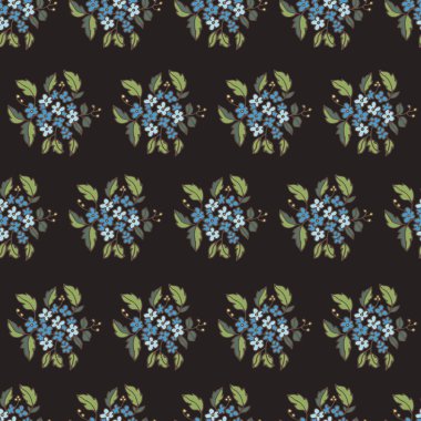 Mavi çiçekli ve yeşil yapraklı pürüzsüz desenli siyah arka planda dekoratif buketler. Tekstil, duvar kağıdı ve hediye paketi için vektör illüstrasyonu mükemmel.