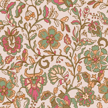 Ekzotik çiçekleri olan kusursuz vektör çizimi ve krem arka planda klasik tarzda yeşillik. Kumaş, dekor ve kırtasiye için mükemmel..