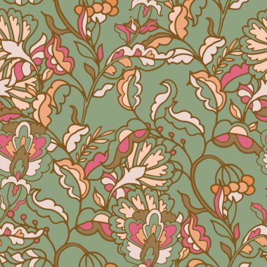 Detaylı çiçekleri ve soluk yeşil arka planda kıvrımlı yaprakları olan kusursuz bir klasik vektör deseni. Tekstil ve ev dekorasyonu için harika.