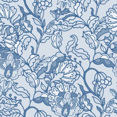 Bereketli, sarmaş dolaş mavi çiçekler ve yeşillik içeren dekoratif vektör deseni. Karmaşık, zarif ve duvar kağıtları ya da moda baskıları için harika..
