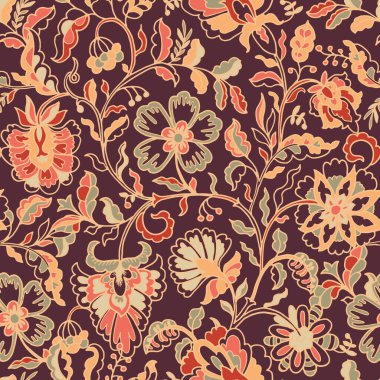 Şekillendirilmiş rokoko yaprakları ve sessiz kırmızı ve yeşil meyveli kusursuz vektör deseni. Bronz arkaplanda zarif klasik tasarım.