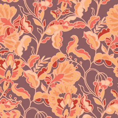 Dekoratif çiçekleri olan zengin bir çiçek tekrarı ve koyu bir bordo arka planda sıcak, eski tonları olan kıvrımlı yapraklar. Klasik iç mekanlardan esinlenilmiştir.