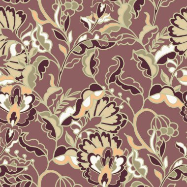 Dekoratif çiçekleri olan zengin bir çiçek tekrarı ve koyu bir bordo arka planda sıcak, eski tonları olan kıvrımlı yapraklar. Klasik iç mekanlardan esinlenilmiştir.