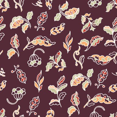 Yumuşak haki bir zemin üzerinde sıcak portakal, zeytin ve krema renginde stilize Rokoko yaprakları ve böğürtlenler içeren kusursuz bir vektör tasarımı. Aydınlık ve neşeli yerleşim.