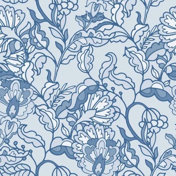 Bereketli, sarmaş dolaş mavi çiçekler ve yeşillik içeren dekoratif vektör deseni. Karmaşık, zarif ve duvar kağıtları ya da moda baskıları için harika..