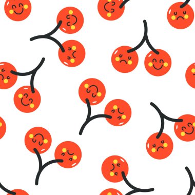 Beyaz üzerinde mutlu ve hüzünlü yüz ifadeleri gösteren kirazlı, pürüzsüz bir şablon. Şirin ve karikatürist vektör çizimi.