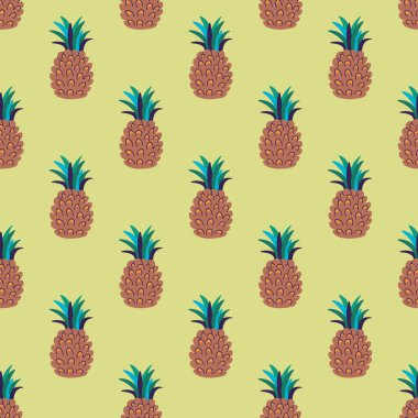 Açık sarı arka planda tropikal ananaslı kusursuz vektör deseni. Eğlence ve yaz tasarımı kumaş, ambalaj ya da kırtasiye için harika.
