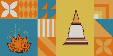 Renkli modüler arka planda kutsal bir stupa ve lotus 'un vektör bileşimi. Düz manevi tarzda tasarlandı, Vesak Günü görselleri, kartları ve olay posterleri için ideal.