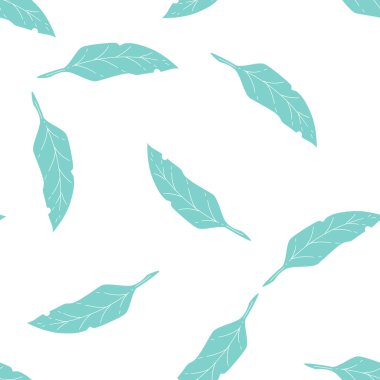 Düz elle çizilmiş, beyaz arka planda izole edilmiş turkuaz mavi yapraklı kusursuz desen. Doğa temalı baskılar için mükemmel.