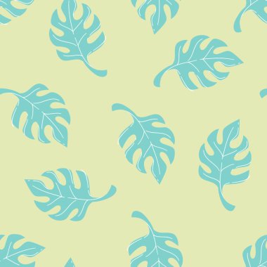 Açık yeşil zemin üzerinde şekillendirilmiş mavi tropikal yaprakları olan pürüzsüz desen, elle çizilmiş düz vektör çizimi. Yaz tekstil ve ambalaj için mükemmel..