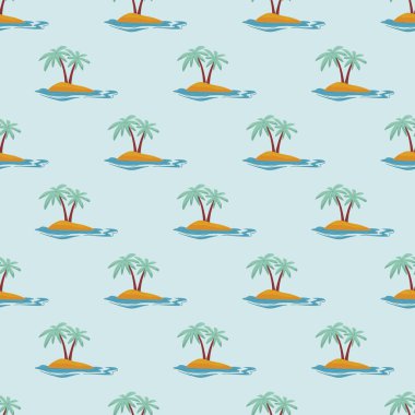 Elle çizilmiş tropikal adalar, palmiye ağaçları ve okyanus düz çizgi film vektör tarzında açık mavi arka planda kusursuz desen. Plaj ve yaz temaları için ideal.