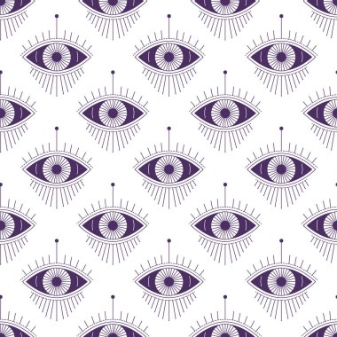 Beyaz arka planda izole edilmiş, koyu mor çizgileri olan, stilize edilmiş mistik gözlere sahip kusursuz vektör deseni. Ruhani, esrarengiz veya modaya uygun tasarımlar için mükemmel.