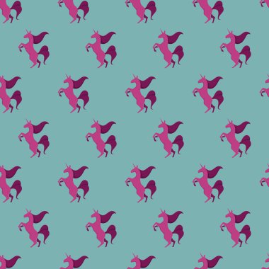 Mor yeleleri olan biçimlendirilmiş pembe tek boynuzlu atların kusursuz vektör deseni. Çocuk ürünleri için uygun kaprisli ve büyülü tasarım.