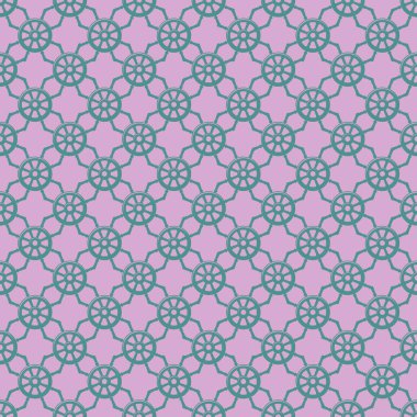 Mavi gemi tekerleklerinin kusursuz vektör şablonu pembe arka planda çapraz düzende dizilmiş. Yaz temaları için deniz kaynaklı dekoratif tasarım.