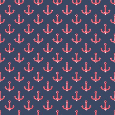 Koyu donanma arka planında biçimlendirilmiş kırmızı çapaları olan kusursuz bir vektör deseni. Deniz, deniz ya da kıyı tasarımı projeleri için mükemmel bir çizim teması.