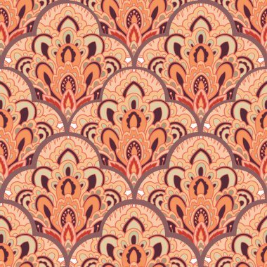 Dekoratif vektör tarzında klasik süslemeli tavus kuşu tüyü motifleri olan kusursuz desen. Duvar kağıtları kumaşları ve zarif projeler için uygundur..