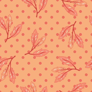 Dekoratif yaprak dalları olan kusursuz desenli polka nokta arkaplan vektör tarzında. Kumaş duvar kağıtları ve kırtasiye tasarımları için ideal.