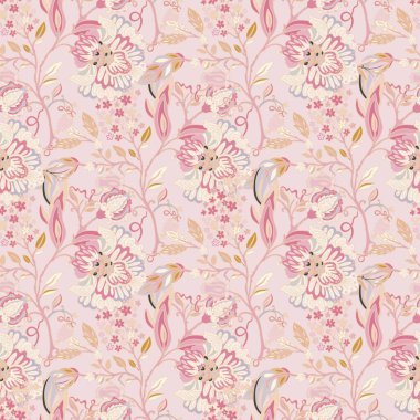 Dekoratif vektör tarzında pembe arka planda süslü çiçek dalları olan kusursuz desen. Duvar kağıtları tekstil ve kırtasiye için ideal.