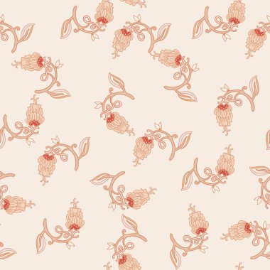 Klasik vektör tarzında bej arka planda küçük dekoratif çiçek motifleri olan kusursuz desen. Tekstil duvar kağıtları ve kırtasiye malzemeleri için mükemmel..