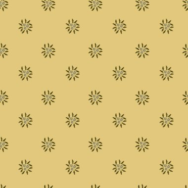 Sarı bir zemin üzerinde küçük yıldız benzeri çiçek motifleri olan kusursuz bir vektör deseni, dekoratif tarzda yaratılmış, duvar kağıdı ve kumaşlar için mükemmel..