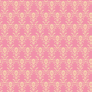 Pembe arka planda bej renkte damaske çiçeği motifleri olan kusursuz vektör deseni. Kadınsı tekstil ve dekoratif uygulamalar için harika.