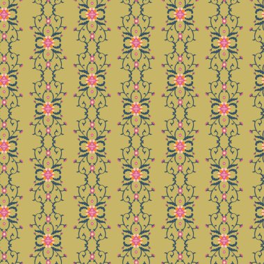 Zeytin arka planında pembe ve deniz motifleri olan dikey çiçekli çizgiler içeren kusursuz vektör deseni. Tekstil ve duvar kağıtları için harika..