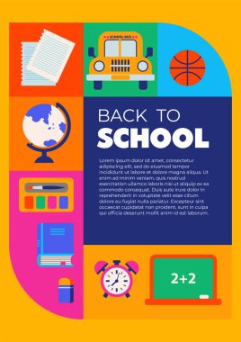 Kırtasiye malzemesi, dünya, spor ve bilim unsurlarını içeren parlak düz vektör tasarımı renkli bir şebekeye yerleştirildi. Posterler ve sosyal medya için harika..