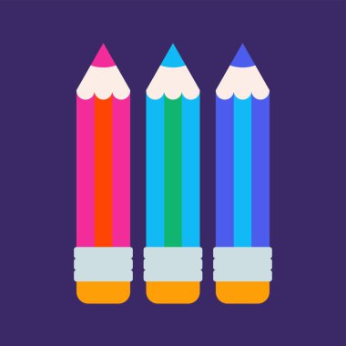 Üç renkli kalemin düz vektör çizimi koyu arkaplanda dik duruyor. Sanat projeleri, okul posterleri ve yaratıcı kırtasiye tasarımları için mükemmel..