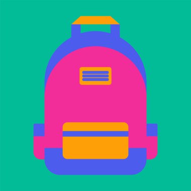 Yeşil arkaplan üzerine renkli bir sırt çantasının yassı minimum vektör çizimi, okul, seyahat veya eğitim temalı projeler için mükemmel.