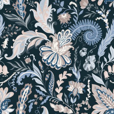 Süslü yaprakları ve çiçekleri olan kusursuz vektör deseni romantik miras tarzında karanlık bir zeminde. Kumaş duvar kağıdı kırtasiyesi ve dekor için uygun.