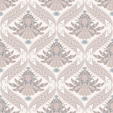 Kusursuz vektör damaske deseni. Süslü çiçek motifleri ve sessiz pastel tonlarıyla. Duvar kağıtları kumaşları ve zarif dekoratif yüzeyler için uygundur..