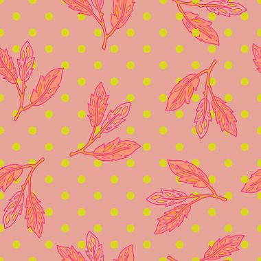 Pembe şekillendirilmiş yaprak dalları ve şeftali arka planda sarı benekli, modern oyuncu yüzey tasarımlı vektör deseni.