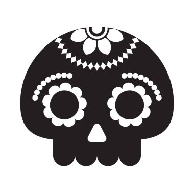 Beyaz arkaplanda izole edilmiş geleneksel Dia de los Muertos stil vektör ikonu çiçek süslemeleri ile siyah şeker kafatası çizimi.