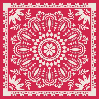 Çiçek ve yapraklarla süslenmiş Meksika halk mandala beyaz arka planda izole edilmiş Dia de los Muertos vektör çizimi.