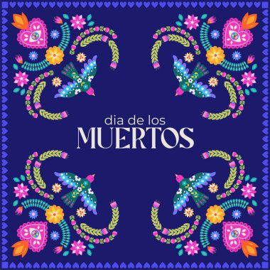 Çiçeklerle süslü kuşlar ve kutsal kalpler ile çevrili dia de los muertos metin canlı Meksika halk tarzı illüstrasyon.