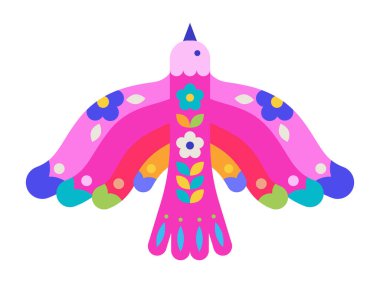 Canlı Meksika halk sanatları tarzında çiçek ve kalp süslemeleri olan pembe stilize bir kuş. Festivalsel dekorasyon için vektör çizimi..