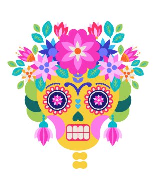 Renkli çiçeklerle süslenmiş sarı şeker kafatası, canlı Meksika halk sanatları çizimleri ile süslü küpeler ve süsler..