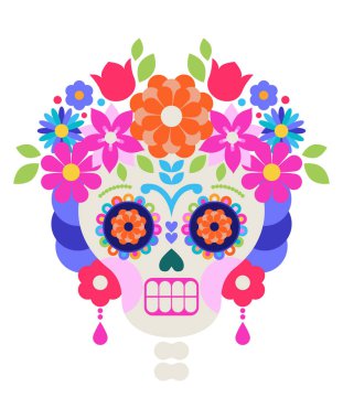 Beyaz şeker kafatası, Meksika halk sanatı tarzında renklendirilmiş çiçek ve küpelerle süslenmiş Ölüler Günü kutlamaları için..