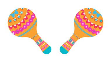 Renkli Meksika halk sanatı tarzında bir çift süslü marakas. Beyaz arka planda izole edilmiş vektör illüstrasyonu şenlikli kutlama tasarımı için..