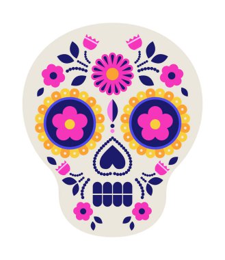 Geleneksel Meksika halk sanatı tarzında çiçek süslemeli vektör şeker kafatası, kutlama ve tasarım için beyaz arka planda izole.