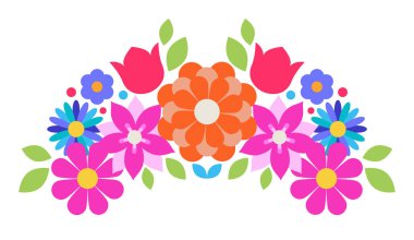 Yerel sanat tarzında çiçek ve yapraklarla süslenmiş parlak Meksika çiçek süsü, tasarım ve dekorasyon için beyaz arkaplanda izole edilmiş vektör illüstrasyonu.