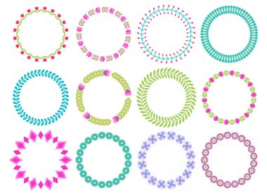 Çiçekli ve yapraklı dekoratif çiçek koleksiyonları düz halk tarzında, tasarım için beyaz arkaplanda izole edilmiş vektör illüstrasyonları.