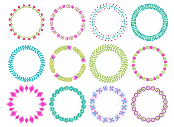 Çiçekli ve yapraklı dekoratif çiçek koleksiyonları düz halk tarzında, tasarım için beyaz arkaplanda izole edilmiş vektör illüstrasyonları.