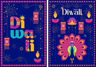 Mandala, diya lambası ve Diwali 'yi kutlayan şenlikli çerçeveli iki renkli tavus kuşunun vektör çizimi.