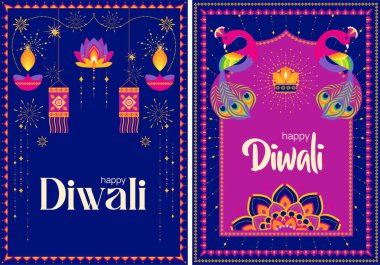 Renkli mandala köşelerinin vektör çizimi, altın parıltılar ve Diwali ışıklarını kutlayan şenlikli metin.